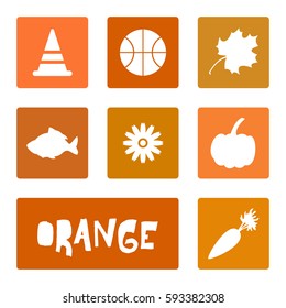 Green color, tint set. Flat element, icon basketball, carrot, pumpkin, road cone, maple leaf, marigold, goldfish. Vector illustration, silhouette, isolated.