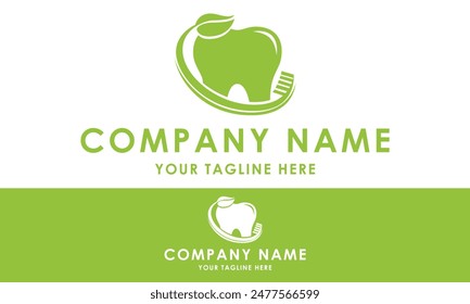 Green Color Tooth with Brush Dental Clinic Logo Design Concept