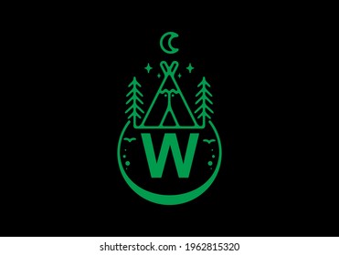 Green color of W initial letter in camping circle badge design