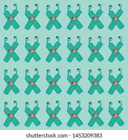 Green color x letter cute monster pattern vector