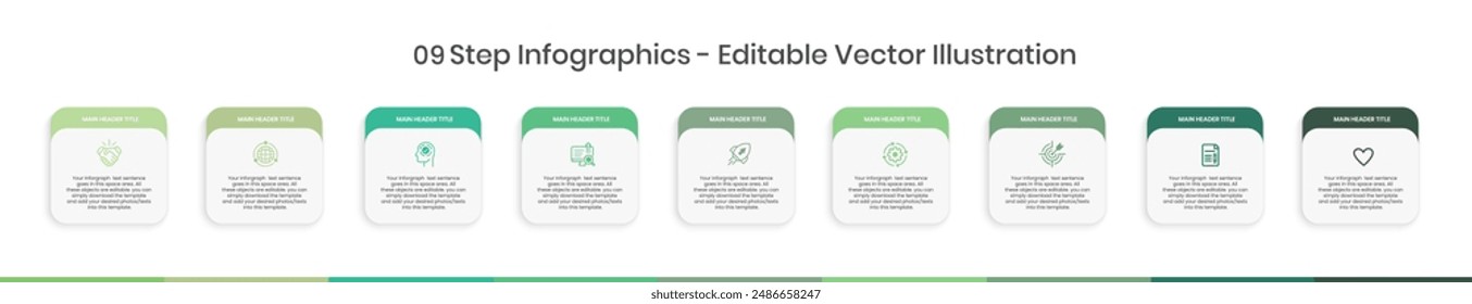 green colored 9 Step Infographics Design Template - Graph, Pie chart, workflow layout, squire diagram, brochure, report, presentation, web design, minimalist timeline Editable Vector illustration