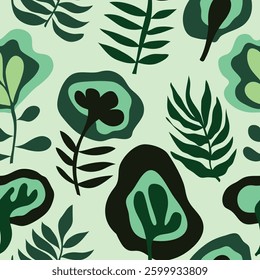 green colored abstract flowers and leaves in all green seamless pattern. green flowers with leafy branches seamless pattern. It is suitable for fabric, textile, tiles, decorations and more.