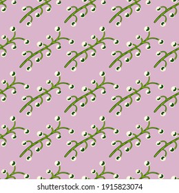 Las siluetas de ramas de bayas de color verde son un patrón de doodle impecable. Fondo púrpura pastel. Diseño sencillo. Diseñado para el diseño de tejidos, impresión textil, envoltura, cubierta. Ilustración del vector