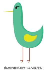 A green colored bird with a long sharp yellow beak and wings also having brown feet vector color drawing or illustration 