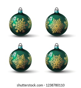 Green colored christmas balls with different snowflake ornament on it. Set of isolated realistic glass balls. Vector illustration for your design.