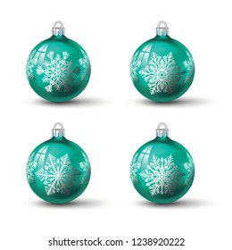 Green colored christmas balls with different snowflake ornament on it. Set of isolated realistic glass balls. Vector illustration for your design.