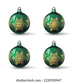 Green colored christmas balls with different snowflake ornament on it. Set of isolated realistic glass balls. Vector illustration for your design.