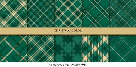 Green colored Christmas checkerd backgrounds, Vector seamless plaid patterns