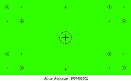 Green colored chroma key background screen flat style design vector illustration. Chroma key VFX screen with tracking marks on it abstract background concept for video footage.