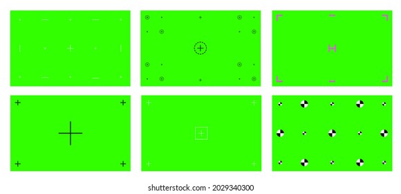 Green colored chroma key background screen flat style design vector illustration set. Chroma key VFX screen with tracking marks on it abstract background concept for video footage.