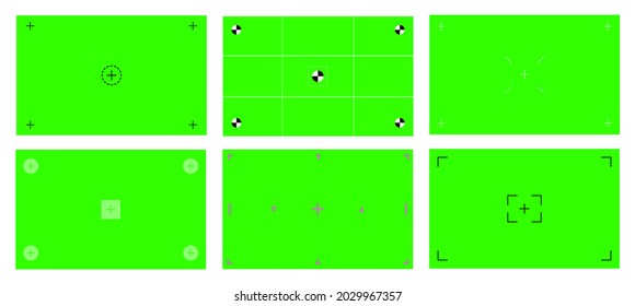 Green colored chroma key background screen flat style design vector illustration set. Chroma key VFX screen with tracking marks on it abstract background concept for video footage.