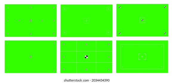 Green colored chroma key background screen flat style design vector illustration set. Chroma key VFX screen with tracking marks on it abstract background concept for video footage.