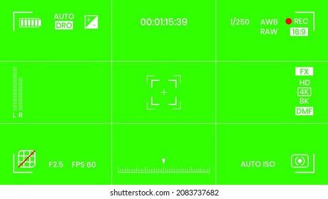 Green colored chroma key camera rec frame viewfinder overlay background screen flat style design vector illustration. Chroma key VFX screen camera overlay abstract background concept for video footage