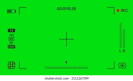 Imagen vectorial de pantalla plana de diseño de pantalla plana con pantalla de fondo de color verde de la clave croma rec frame visor. Chroma key VFX concepto de fondo abstracto de sobreimpresión de la cámara para video