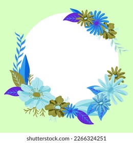 Green Colored Circle Shape Text Frame Surrounded With Assorted Flowers Hearts And Leaves. Framework For Writing Ringed With Different Daisies, Hearts And Tree Leaves.