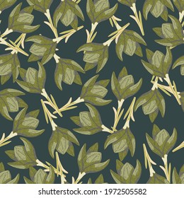 Green colored crocus flowers random seamless pattern in dark tones. Navy blue background. Nature creative print. Flat vector print for textile, fabric, giftwrap, wallpapers. Endless illustration.
