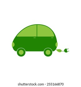 Green colored electric vehicle with leaf and plug isolated on white background. Eco friendly transportation concept. Logo template, design element