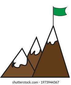 Green colored Flag on the mountain range. Showing concept for hiking, achievement, win and challenge. Icon, Illustration , Vector 