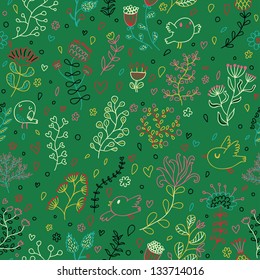 Patrón sin costuras de color verde floral. Papel de pantalla con pájaros y flores. Se puede usar un patrón sin inconvenientes para papeles pintados, rellenos de patrones, fondos de páginas web, texturas superficiales.