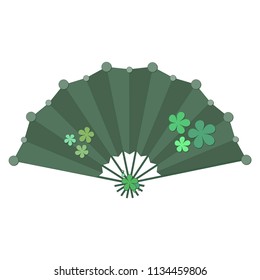 Green colored folding fan vector with flower decoration isolated on white background