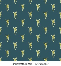 Green colored frog silhouettes print seamless pattern in doodle style. Navy blue background. Kids print. Stock illustration. Vector design for textile, fabric, giftwrap, wallpapers.