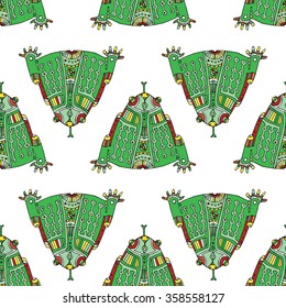 green colored hand drawn aztec frog vector seamless pattern, white background