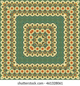 Green colored handkerchief with abstract pattern silk scarf or shawl. Bandana with colorful ornaments.