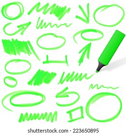 green colored highlighter with different hand drawn markings