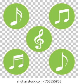 Green colored music notes and symbols icons set. Musical notation green and white icons in circles, isolated on transparent background. Notes and symbols icon buttons. Round material design app icons.