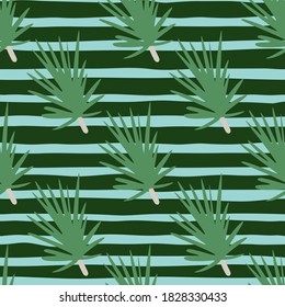 Green colored new year pine twigs silhouettes seamless doodle pattern. Dark and light turquoise striped background. Designed for fabric design, textile print, wrapping, cover. Vector illustration.