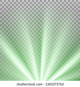 Green colored rays with color spectrum flare. Abstract glaring effect with transparency. Vector illustration