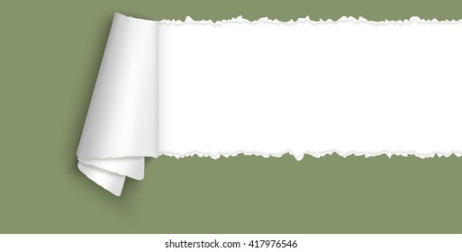 green colored ripped open paper with paper curl and space for text
