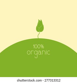 Green colored sprout with flaxen outline grows on green round earth with lettering 100% organic on it, Logo template, design element