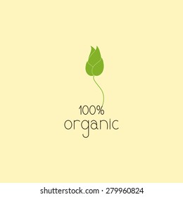Green colored sprout with flaxen outline grows on brown lettering 100% organic. Logo template, design element