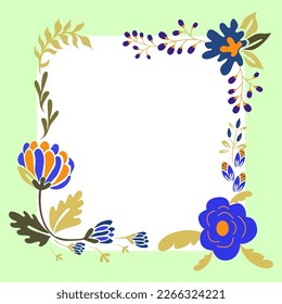 Green Colored Square Shape Text Frame Surrounded With Assorted Flowers Hearts And Leaves. Framework For Writing Ringed With Different Daisies, Hearts And Tree Leaves.