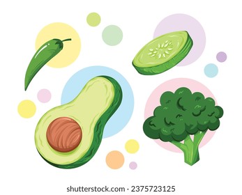 Green colored vegetable like broccoli, green chili, sliced cucumber, and sliced avocado vector illustration set isolated on white background with colorful circles decoration. Simple cartoon styled art