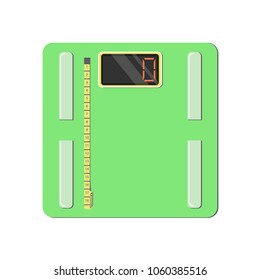 Green colored weighing machine and centimeter isolated on white background. 