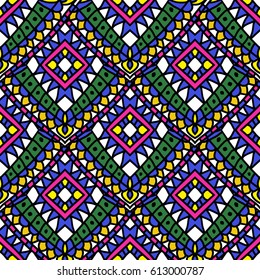 Green colorful geometric summer ethnic seamless pattern Doodle style. Bright colored Mexican, Indian, Moroccan pattern for textiles, packaging wrapper paper. Hand made design.