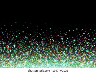 Green and colorful glitter sparks on a black background. Shiny confetti and glitter sparkling texture with glowing lights. Vector illustration.