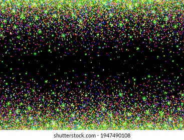 Green and colorful glitter sparks on a black background. Shiny confetti and glitter sparkling texture with glowing lights. Vector illustration.