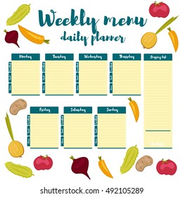 Green colorful modern paper Infographic note week healthy eating doodle. Breakfast, lunch, dinner. Weekly menu calendar Infographic. Template shopping list product and vegetables. Planner Vector.