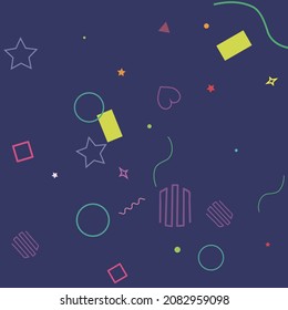 Green Colorful Oval Lime Zigzag Rectangle Blue Background. Orange Red Purple Hearts Ring Pink Geometrical Design. Violet Dark Square Polygonal Circle Yellow Stars Simple Hipster Art.