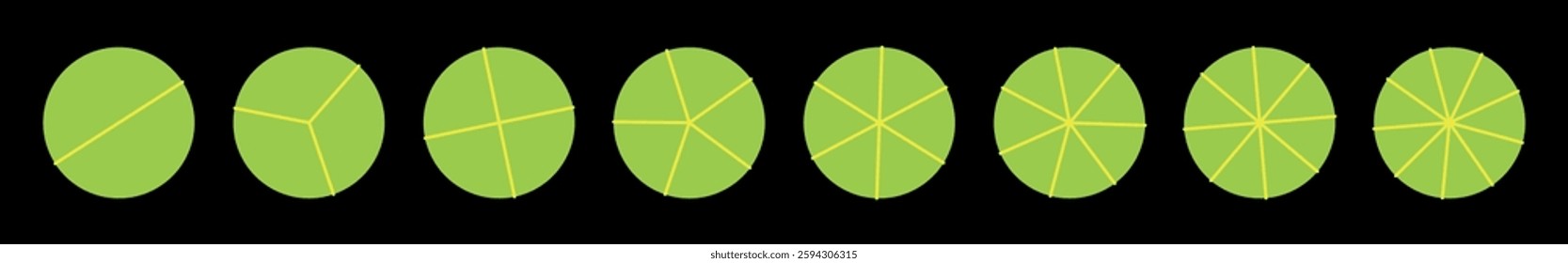 Green Colorful pie chart with divided sections, circular infographic diagram, segmented wheel for data visualization, geometric business graph. Flat vector illustration isolated on white background.