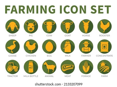 Green Colorful Round Farming or Farm Icon Set of Sheep, Pig, Cow, Goat, Horse, Rooster, Goose, Chicken, Egg, Milk, Farmer, Concentrate, Tractor, Bottle, Animal, Meat and Forage Icons.