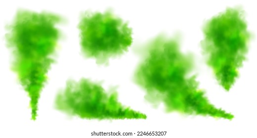 Green colorful smoke clouds isolated on white background, realistic mist effect, fog. Vapor in the air, steam flow. Vector illustration