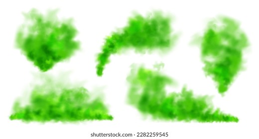 Green colorful smoke clouds isolated on white background, realistic mist effect, fog. Vapor in the air, steam flow. Vector illustration