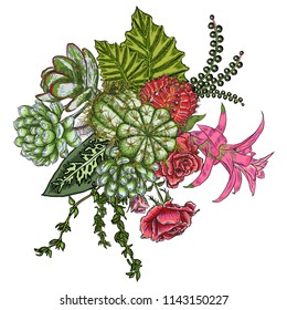 Green colorful succulent bouquet ikebana tattoo concept. Selection of exotic  echeveria, herbs, various plants and leaves. Natural greenery. Flesh tattoo sketch. Unique real plants reference. Vector.