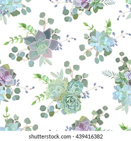 Green colorful succulent Echeveria seamless vector design print. Natural cactus print in modern funky style.