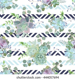Green colorful succulent Echeveria seamless vector design print. Natural cactus pattern in modern funky style. Striped navy blue backdrop.