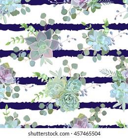 Green colorful succulent Echeveria seamless vector design print. Natural cactus pattern in modern funky style. Striped navy blue backdrop.